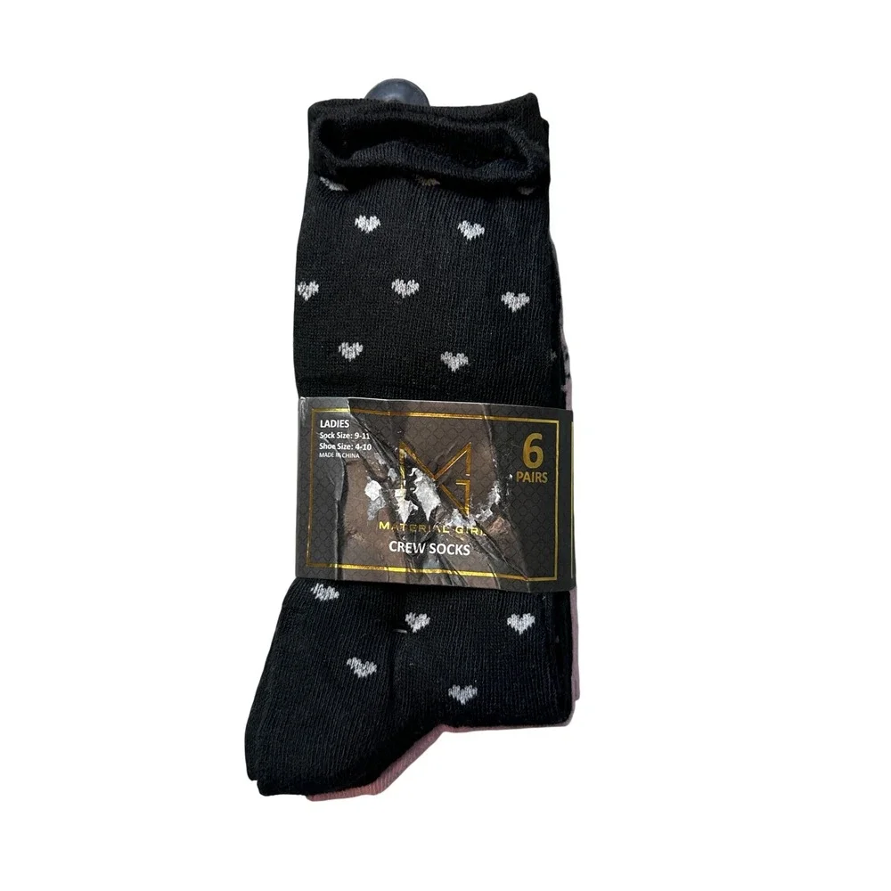 Material Girl Crew Socks Womens 9-11 Multi Color Heart Print 6 Pairs MGLCS-277-A